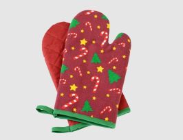 Abb. Topfhandschuhe Zuckerstangen, Tannenbäume Rot