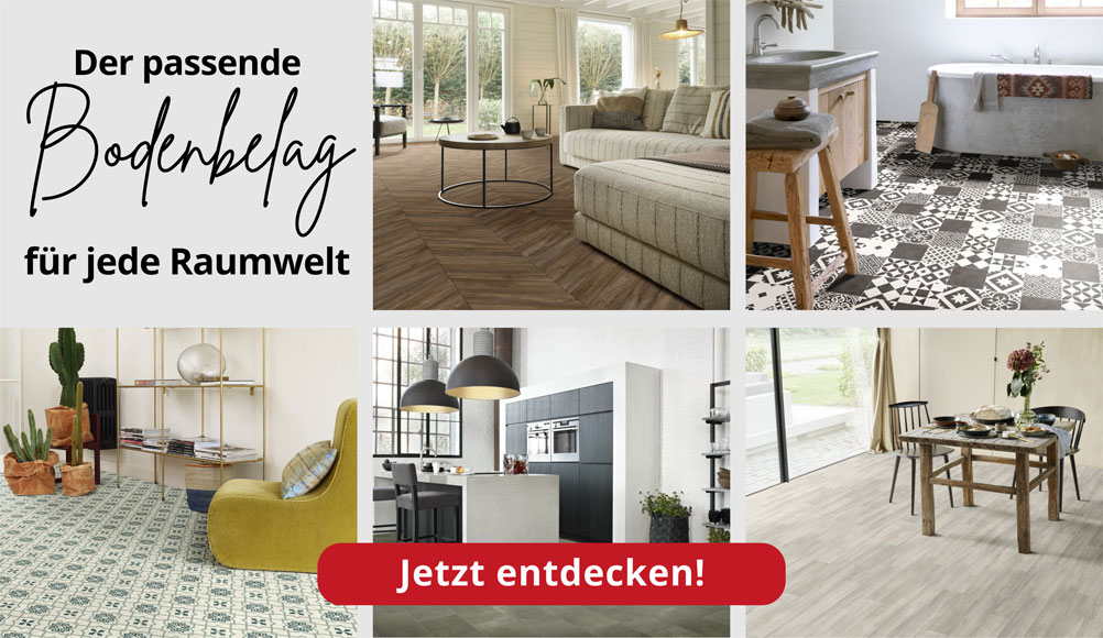 PVC Boden in verschiedenen Farben und Designs im tedox Online-Shop entdecken & den passenden Bodenbelag für jede Raumwelt finden – Raumbilder mit verschiedenen PVC-Böden und verlinktem Button Jetzt entdecken!
