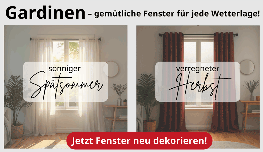 Gegensätze: Gardinen an sonnigem Fenster und an herbstlich verregneten Fenster – jetzt Fertiggardinen ansehen und Fenster für jede Wetterlage im Herbst vorbereiten!