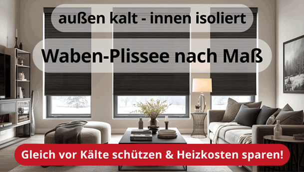 Raumbild: Wohnzimmer mit Plissees an den Fenstern: Waben-Plissee nach Maß von tedox schützen vor Kälte & sparen Heizkosten