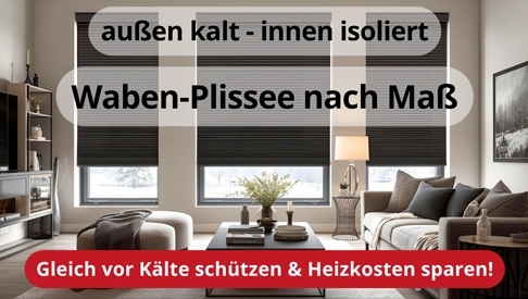 Raumbild: Wohnzimmer mit Plissees an den Fenstern: Waben-Plissee nach Maß von tedox schützen vor Kälte & sparen Heizkosten