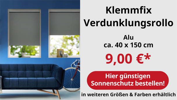Klemmfix Verdunklungsrollo Alu 40x150 cm für 9 Euro - in weiteren Größen und Farben erhältlich