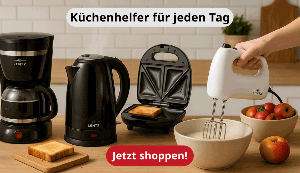 Praktische Küchenhelfer wie Kaffeemaschine, Wasserkocher, Sandwichmaker und Handmixer im tedox Onlineshop entdecken