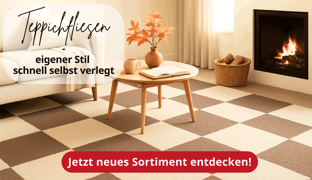 Gemütliches, herbstliches Wohnzimmer mit Teppichfliesen im Schachbrettmuster verlegt: Jetzt neues Sortiment entdecken!