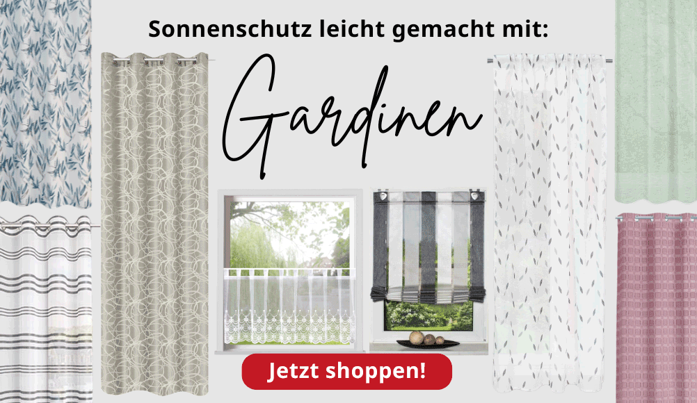 Sonnenschutz leicht gemacht mit Gardinen – Gardinenbilder in verschiedenen Farben. Verlinkter Button zur Kategorie Fertiggardinen.