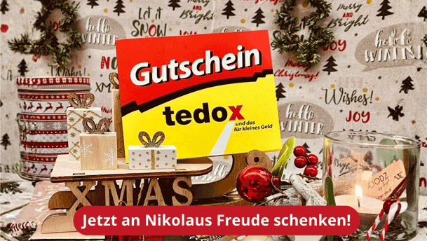 tedox Gutschein in weihnachtlicher Deko - jetzt an Nikolaus Freude schenken!