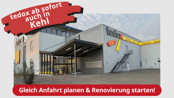 Außenansicht des Eingangsbereichs: die Filiale tedox Kehl ist eröffnet. Hier Anfahrt planen und in Kehl, Straßbourg und Umgebung günstig renovieren, dekorieren und einrichten!