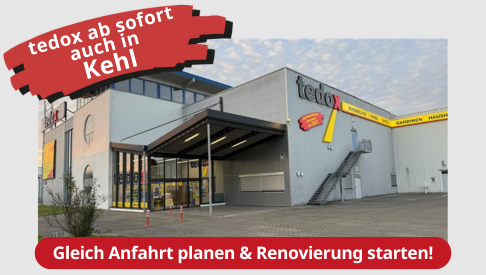 Außenansicht des Eingangsbereichs: die Filiale tedox Kehl ist eröffnet. Hier Anfahrt planen und in Kehl, Straßbourg und Umgebung günstig renovieren, dekorieren und einrichten!