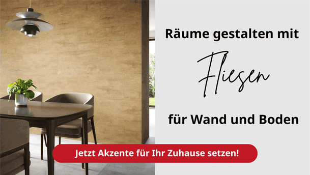 äume gestalten mit Fliesen für Wand und Boden – Raumbild mit Esstisch und dekorativen Wand- und Bodenfliesen im Raum. Button mit Link zu den Produkten: Jetzt Akzente für Ihr Zuhause setzen!