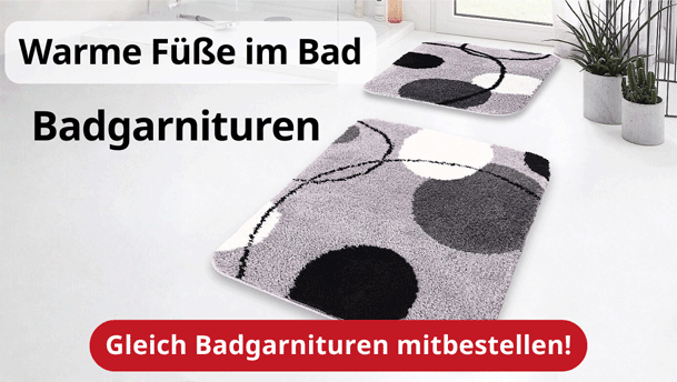 Badgarnituren im tedox Onlineshop Raumbild: Badezimmer mit gemütlicher Badgarnitur für warme Füße im Bad. Gleich bei tedox bestellen!