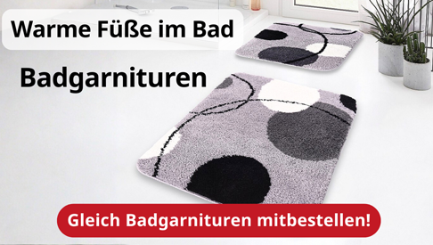 Badgarnituren im tedox Onlineshop Raumbild: Badezimmer mit gemütlicher Badgarnitur für warme Füße im Bad. Gleich bei tedox bestellen!