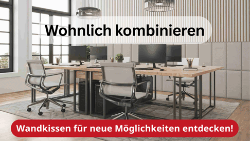 Raumbild: gemütliches Büro mit Wandkissen und Akustikpaneelen – Wärme & Geborgenheit für jeden Raum – Wandkissen für neue Möglichkeiten entdecken!