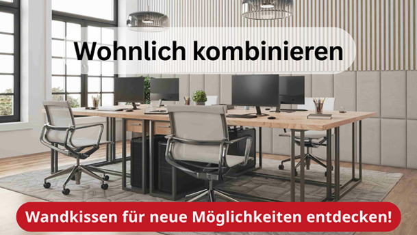 Raumbild: gemütliches Büro mit Wandkissen und Akustikpaneelen – Wärme & Geborgenheit für jeden Raum – Wandkissen für neue Möglichkeiten entdecken!